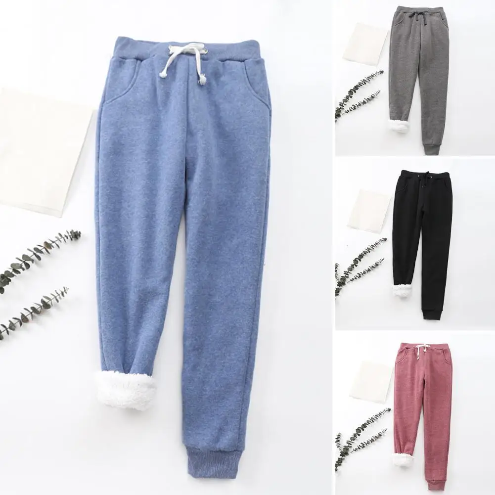 

Women Winter Thicken Plush Pants Elastic Waist Mid-Rise Slant Pockets Solid Color Drawstring Fleece Lined Sweatpants Streetwear