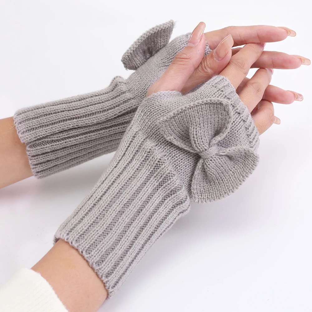 

Hot Women Half Finger Gloves Winter Soft Warm Wool Knitting Bow Short Gloves Soft Warm Mittens Work Gloves Hand Protection