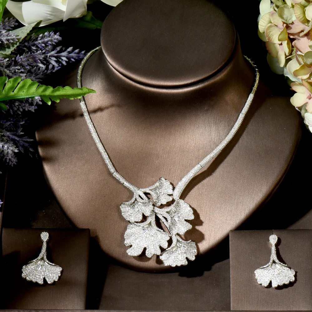 Fashion Elgant Cubic Zirconia Necklace Earring Flower Leaf Design Full Jewelry Set for Women Bridal Dress Dinner N-1767