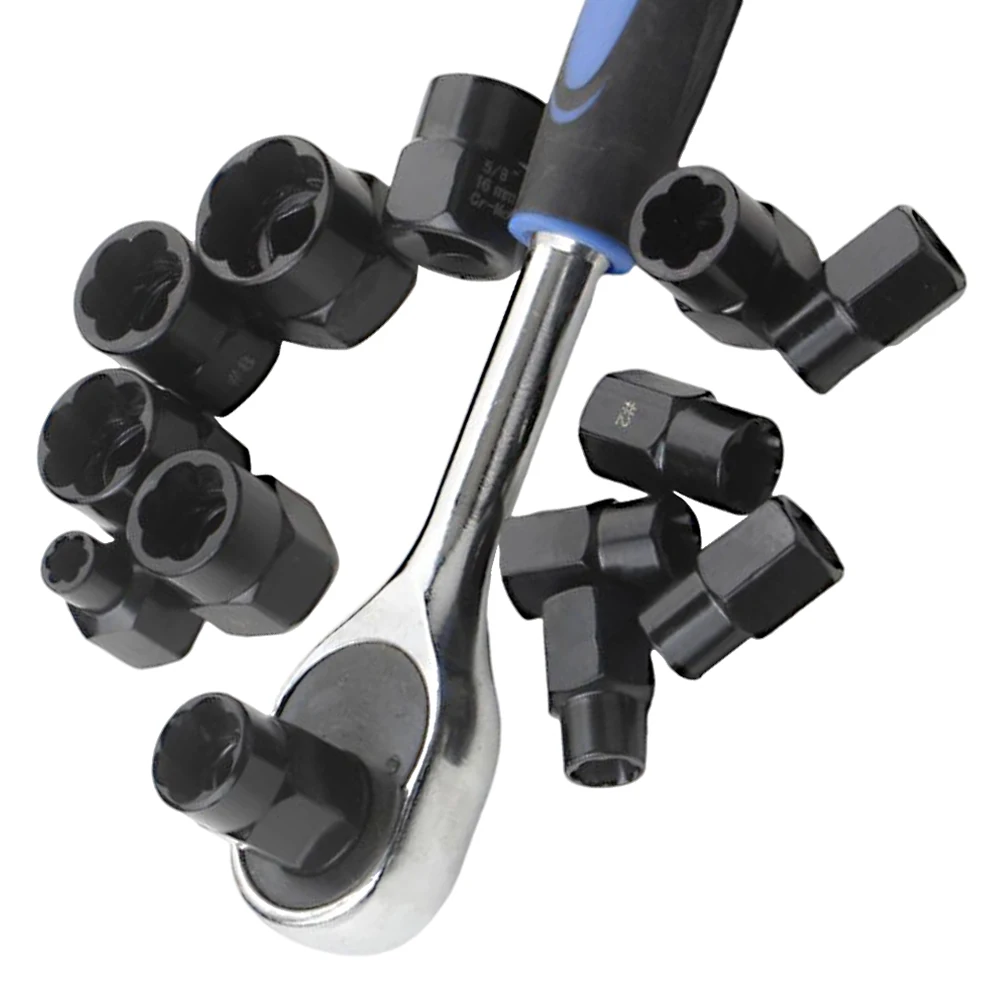 13 PCS Ściągacz do nakrętek Śruba udarowa Nakrętka Uszkodzona Zestaw narzędzi demontażu kluczy nasadowych 6 35 -19 m Pudełko Akcesoria