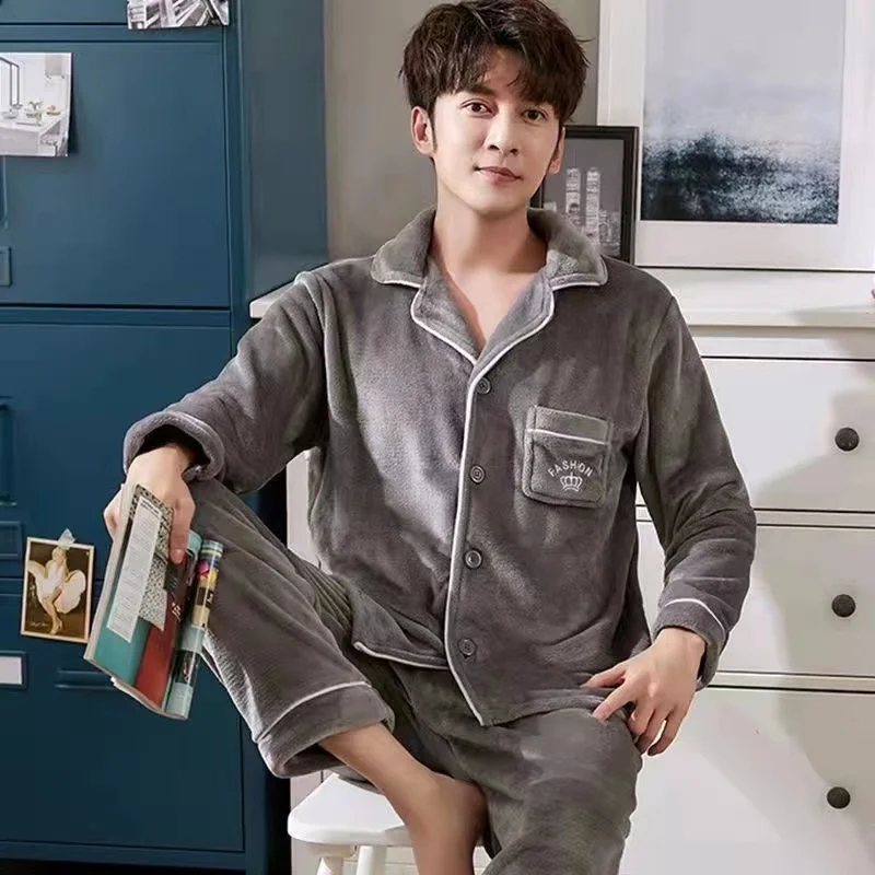 Two Piece  Long-Sleeved Trousers Pajamas Sets Men Lounge Wear Coral Fleece Male Sleepwear Winter Warm Pyjamas Suits