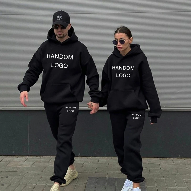 

2023 New Random Logo Printed Sportswear Man Warm Hoodie Set Male Loose Hooded Sweatshirt + Pants Two Pieces Jogging Streetwear