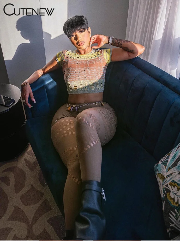 

Cutenew Women's Hollow Out T-shirt Sexy Slim Round Neck Short-Sleeved Top Casual Hot Girl Clothing New Fashion Streetwear 2023