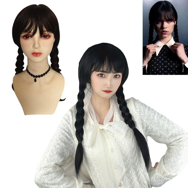 

Movie Wednesday Addams Cosplay Wig Women Long Hair with Bangs High Temperature Resistant Synthet Braided Wig Halloween Accessory