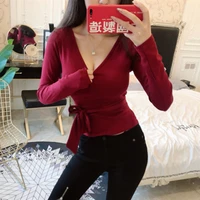spring women tshirt sexy t v neck cross strap leaky belly button crop top slim bottomed shirt short long sleeve t shirt vogue