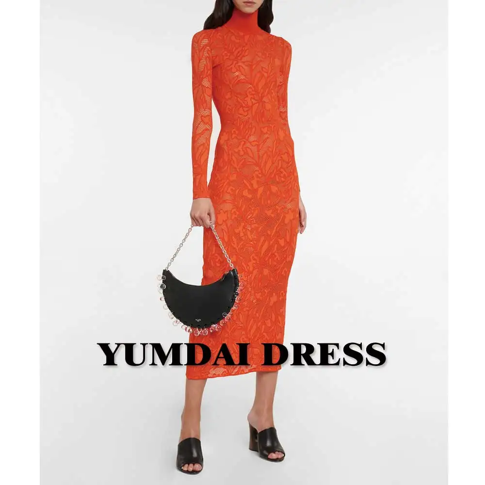 

YUMDI Orange Lace High Neck Extended Dress Sexy Cutout Ladies Cocktail Party Dress Temperament Custom Long Sleeve Fall Ball Gown