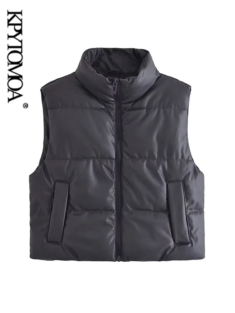 

KPYTOMOA Women Fashion Front Zipper Faux Leather Padded Waistcoat Vintage High Neck Welt Pockets Female Outerwear Chic Vest Tops