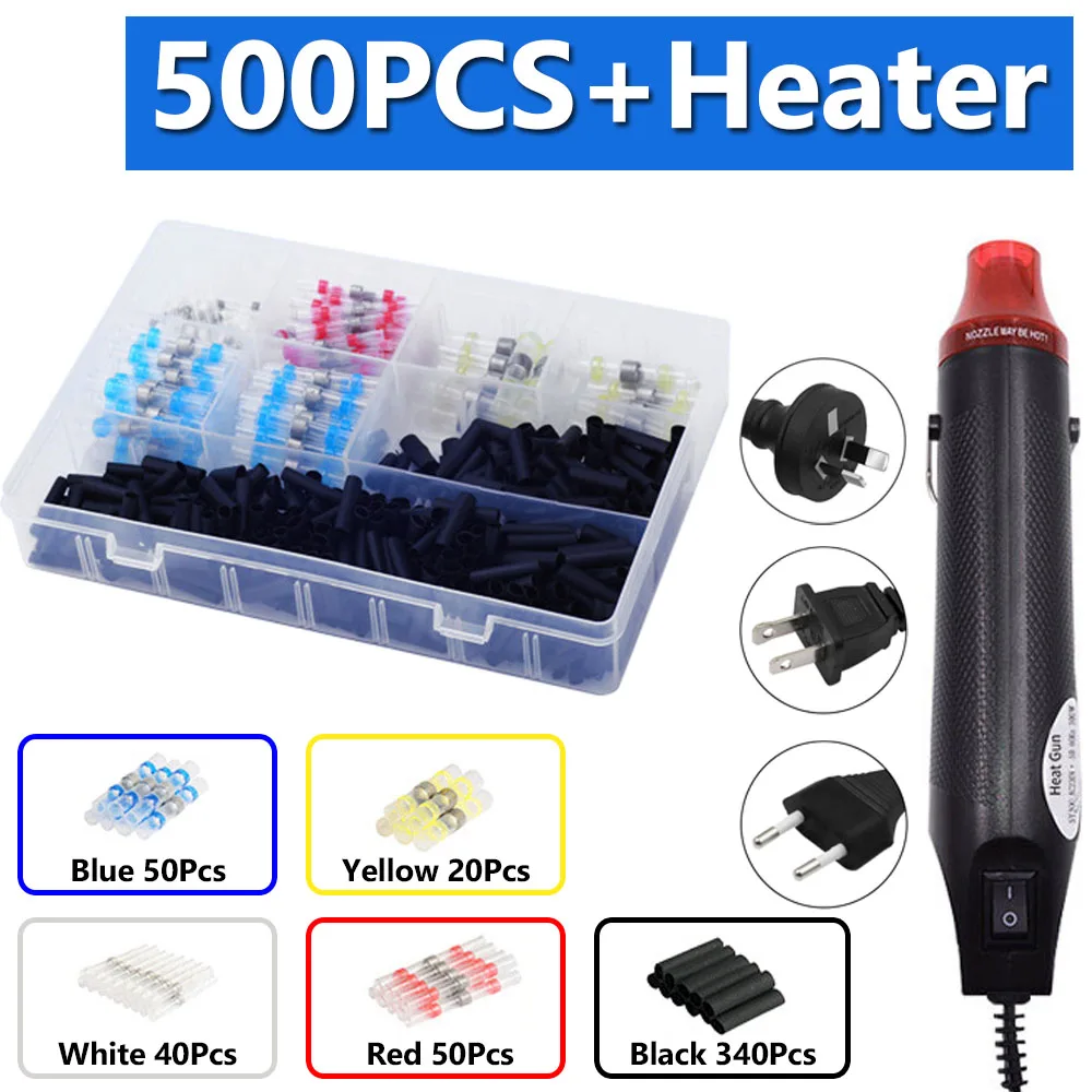 

500PCS Heat Shrink Butts Crimp Terminals Waterproof Solder Seal Electrical Wire Cable Splice Terminal Kit with 300W Hot Air Gun