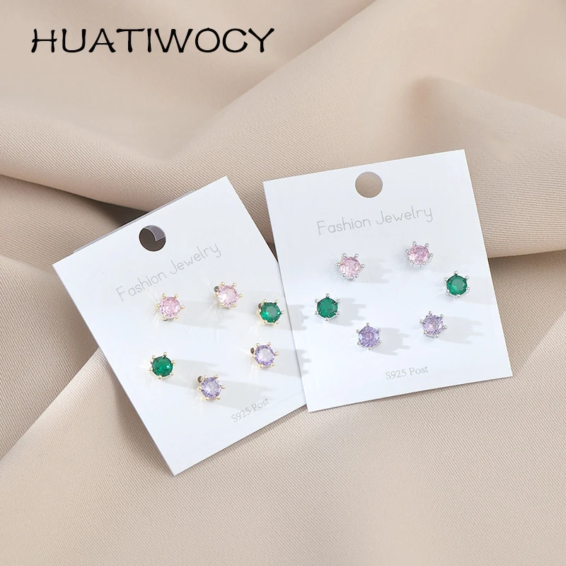 

HUATIWOCY 3Pairs/Set Earrings 925 Silver Jewelry With Zircon Gemstone Accessories for Women Girl Wedding Promise Party Gift
