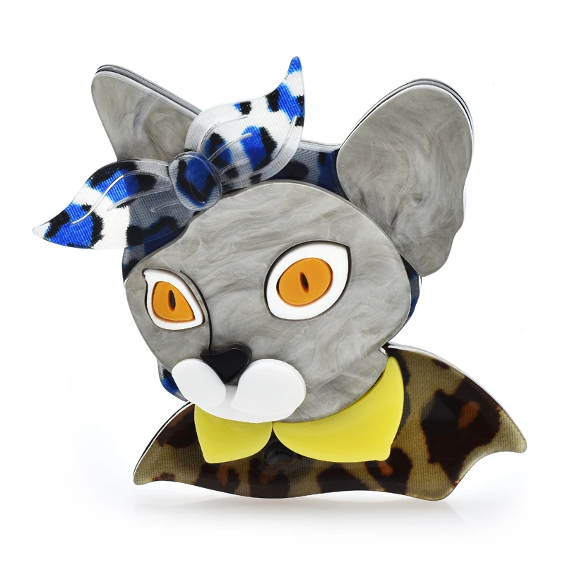 

Wuli&baby Acrylic Cat Brooches For Women Unisex Wear Bowknot Grey Kitty Animal Party Brooch Pins