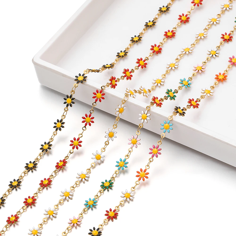 

1 Meter Enamel Daisy Flowers Chains Stainless Steel Link Chain for DIY Necklaces Bracelets Anklets Bulk Findings Jewelry Making