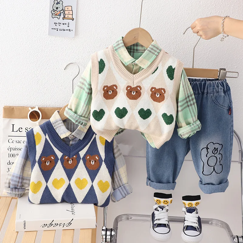 

Korean Style Kids' Sweater Children's Vest Boys' Knitted Fall Wear Long Sleeves Casual Shirt Children's Three-Piece Suit