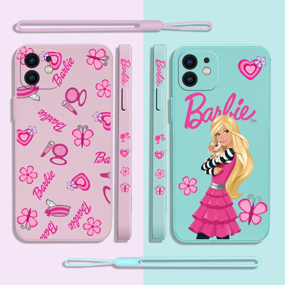

Cartoon Cute Barbies Doll Phone Case For iPhone 14 13 12 11 Pro Max Mini X XR XS MAX 8 7 Plus Silicone Cases with Hand Strap