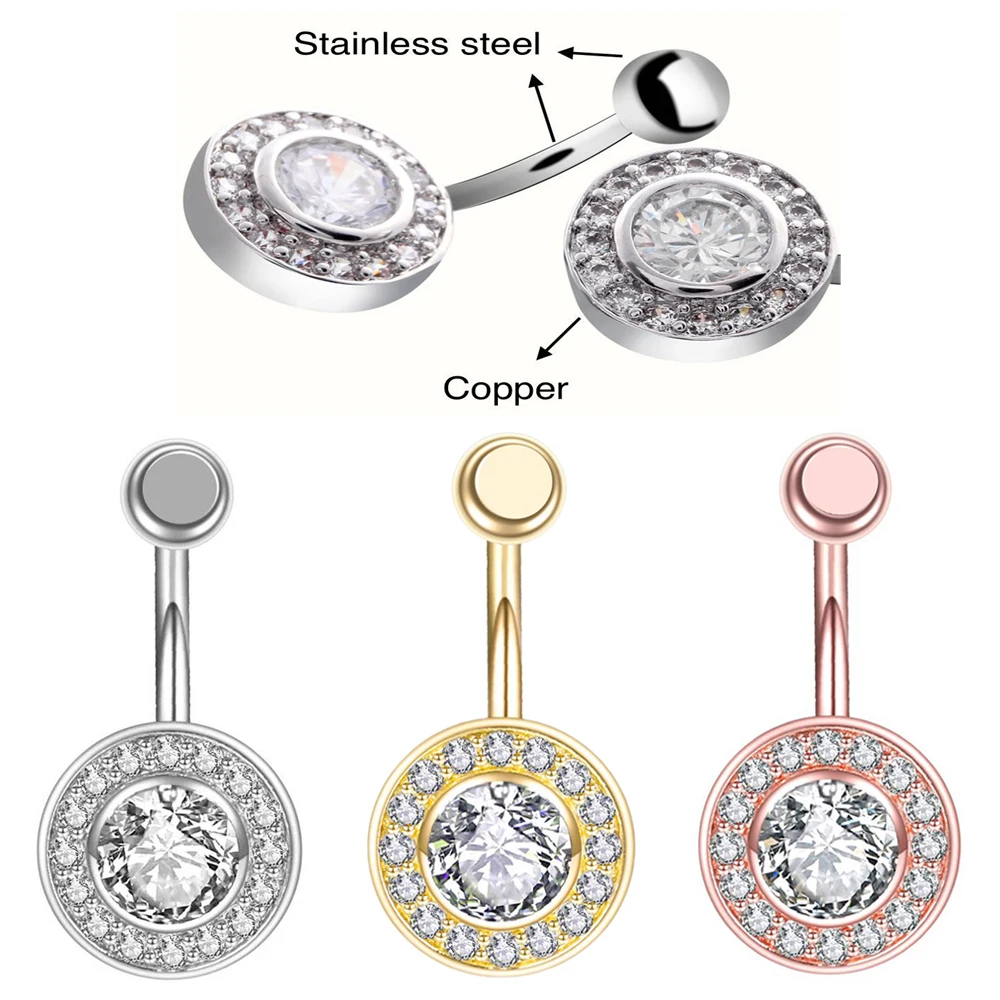 

1PC 316L Stainless Steel Navel Perforated 16G Zircon Circular Inlaid Button Navel Ring Embedded Belly Body Piercing Jewelry