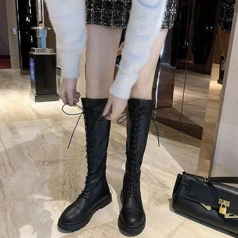

Thick-soled Winter Knee-high Boots Women Punk Heightened Long Lace-up Buckle Front Lace-up Womens Boots Zapatos De Mujer