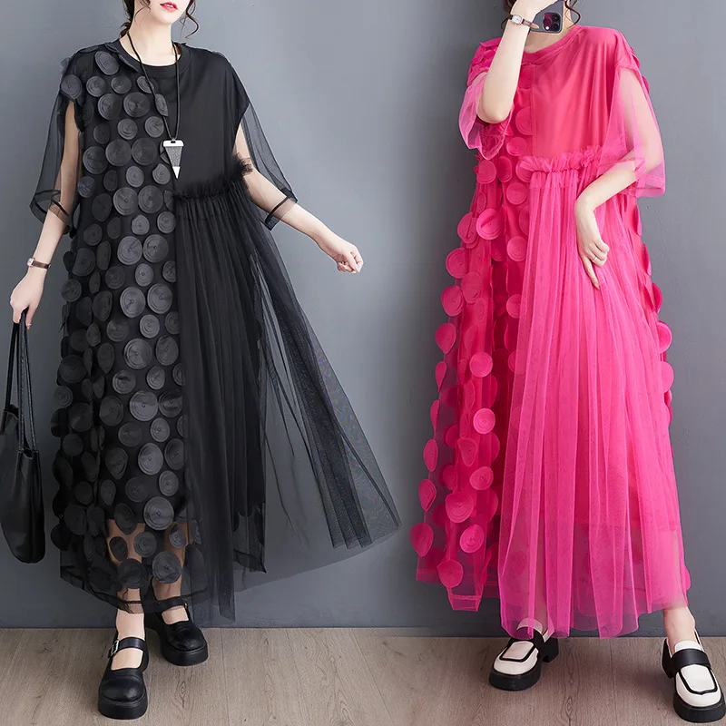 

Mesh Y2k Dress 2023 Women Dot Beach Long Loose E-girl High Waist Dress Vacation Maxi Summer Yellow Vestidos Dresses Sexy Vestido