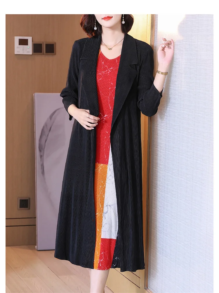 

Miyake Pleated High Fashion Vest Dress + French Long Coat Women's Fake Two Pieces Dress Casual Retro Designer Aesthetic Clothes