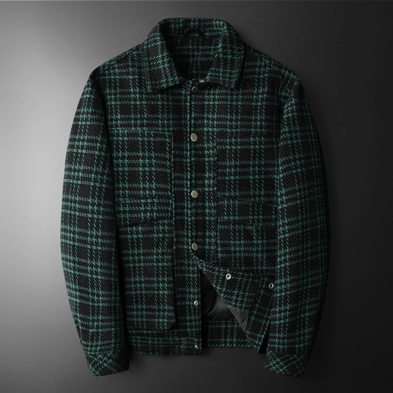 

2023 High-end Woolen Green Check Fashion Handsome Trend Everything Down Coat Men's Coat American Vintage Short Plaid