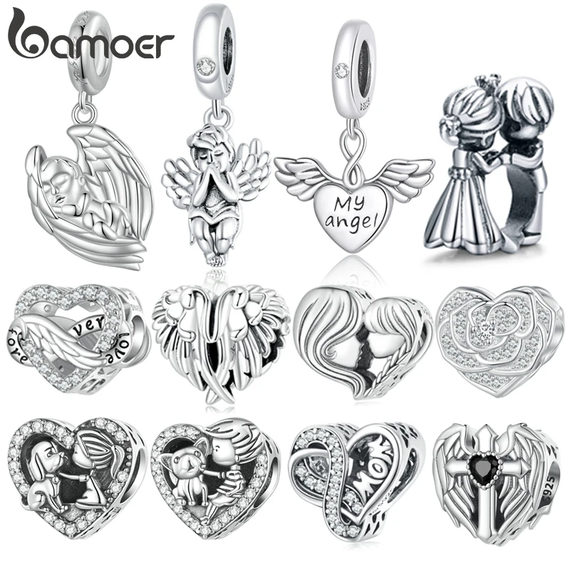 Bamoer 925 Sterling Silver Angel Baby Pendant Charms Eternal Heart Beads for Women Bracelet and Necklace DIY Fine Jewelry