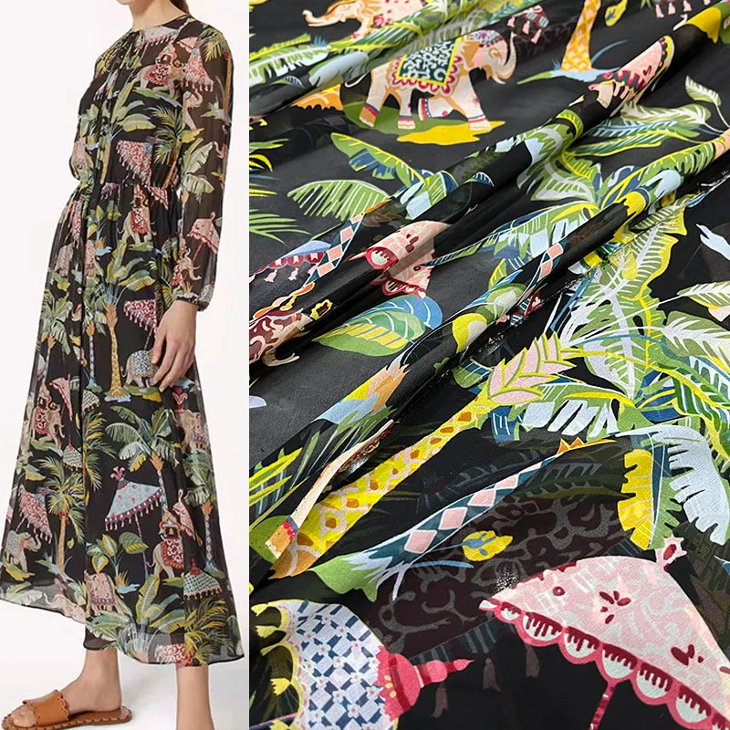 Europe And America Elephant Coconut Tree Printed Polyester Georgette Fabric For Women Dress Blouse Handmade DIY Cloth Sewing