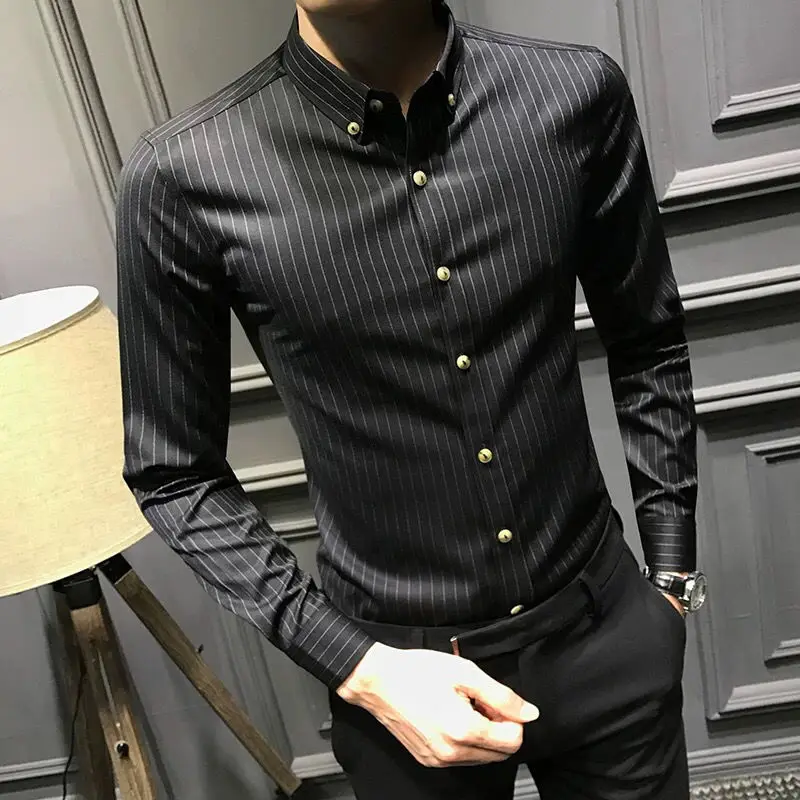 

2022 New Autumn Shirts Men Clothing Korean Slim Fit Long Sleeve Turn Down Collar Blouse Male Casual Business Striped Tops W175