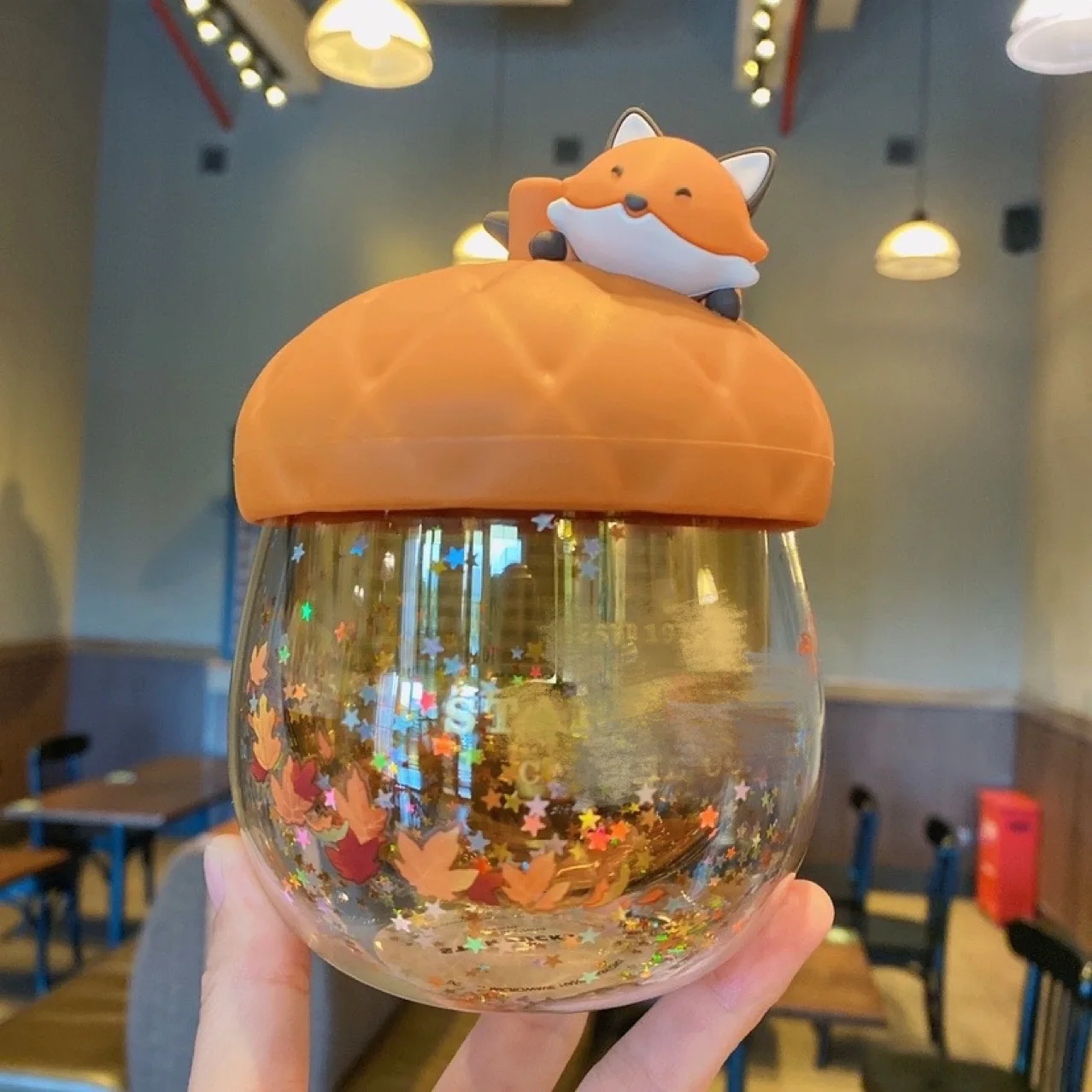 

Cute animal design lead-free glass cup with fox lid 220416-03