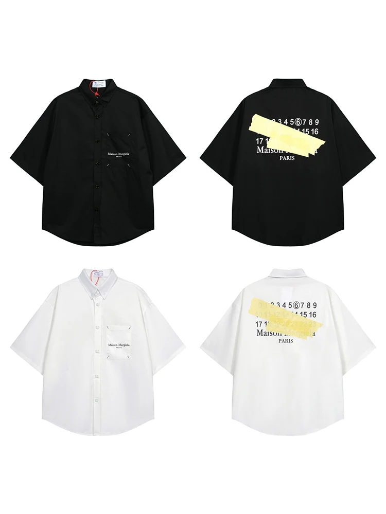

Maison Margiela High Quality MM6 Cotton Tape Design Printed Short Sleeve Shirt Casual Style Tops Flip Collar Mens