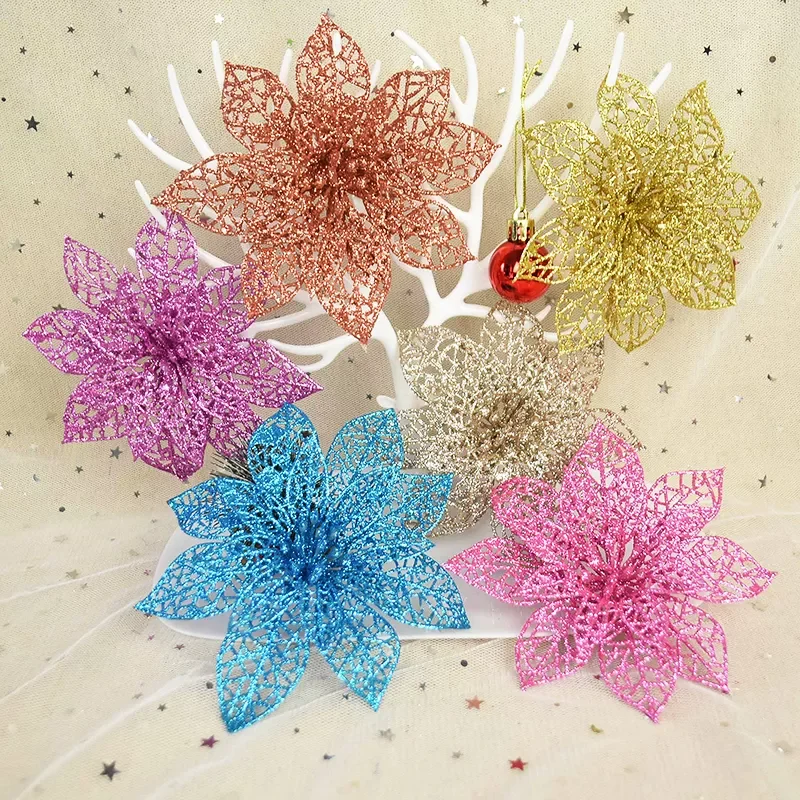 

Glitter Artificial Flower Heads Christmas Tree Flower Decorations Xmas Ornament Decorative Fake Flower Wedding Supplies
