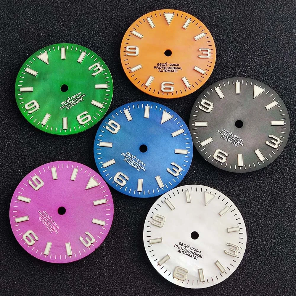 

Циферблат 28,5 мм, циферблат с жемчугом и лилией, циферблат C3, зеленый светящийся циферблат, подходит для часов nh35nh36 с механизмом, аксессуары