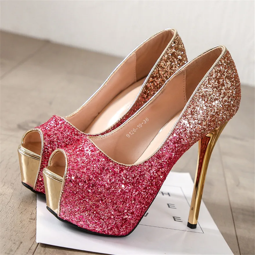 

12cm/14cm Super High Heels Women Pumps New Gradient Sequined Cloth Peep Toe Party Ladies Rose red Fashion Platform Wedding Shoes