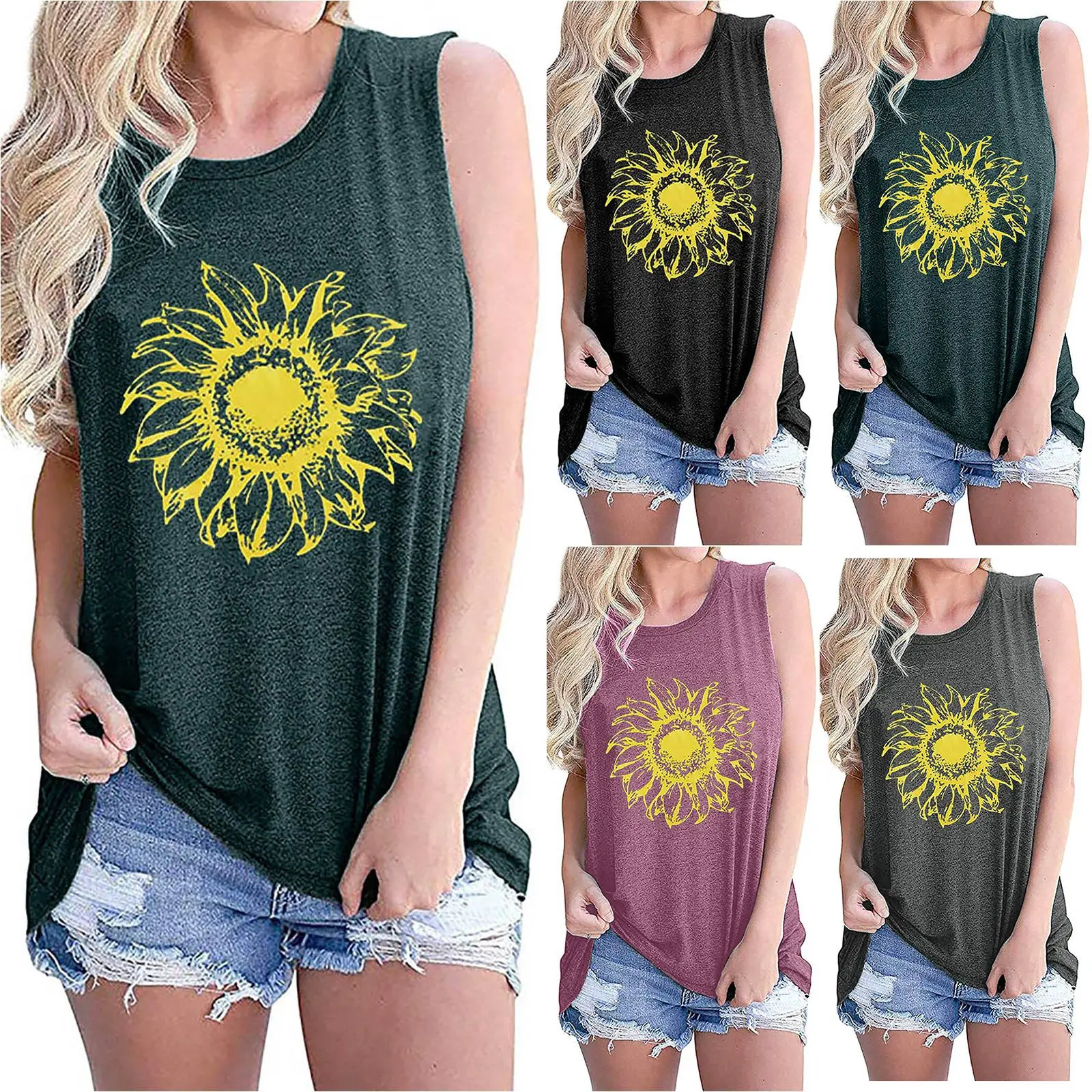 

Summer New Chrysanthemum Print Round Neck Lightweight Comfortable Vest T-shirt Women