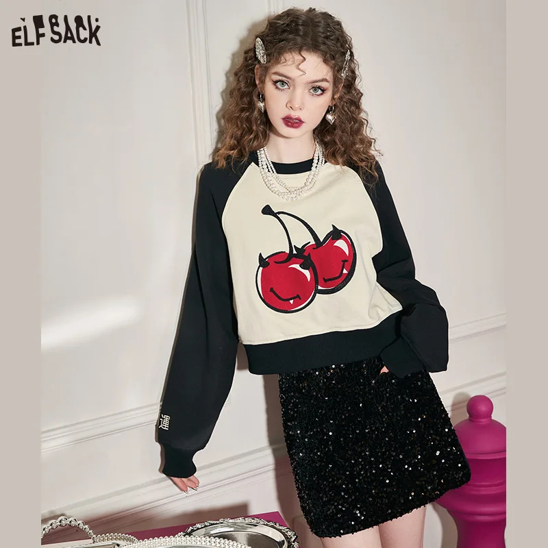 ELFSACK Flocking Printed Hoodies Women 2023 Spring Warm Loose Long Sleeve Tops