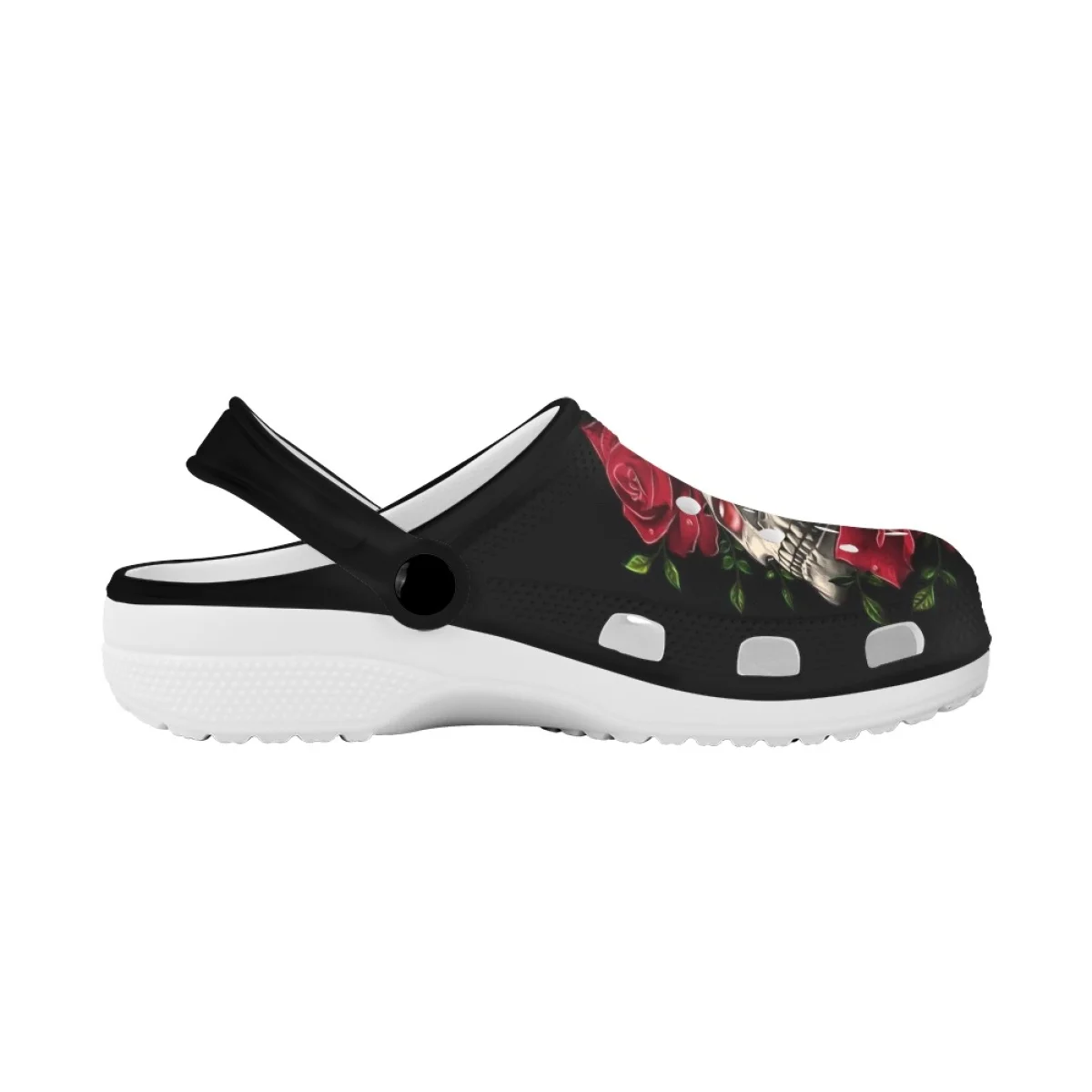 Summer Ladies Beach Slippers 3D Printing Gothic Rose Skull Lightweight Indoor Flat Hole Slippers Non-slip Casual Garden Clogs