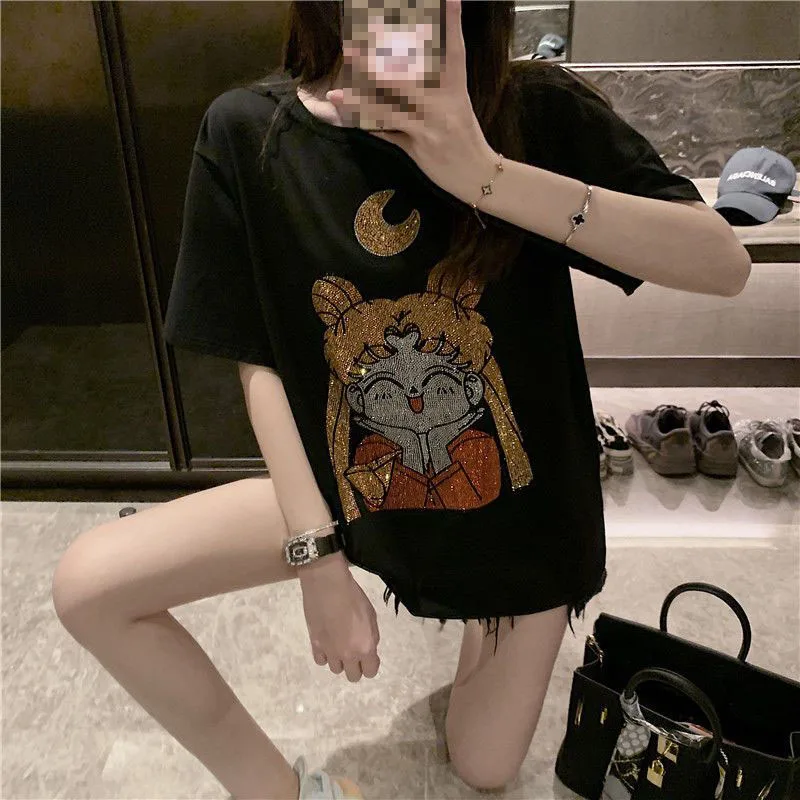 Cartoon Sailor Moon Ins Heavy Industry Hot Diamond Cartoon Short Sleeve T-Shirt Women's Loose Medium Length Top