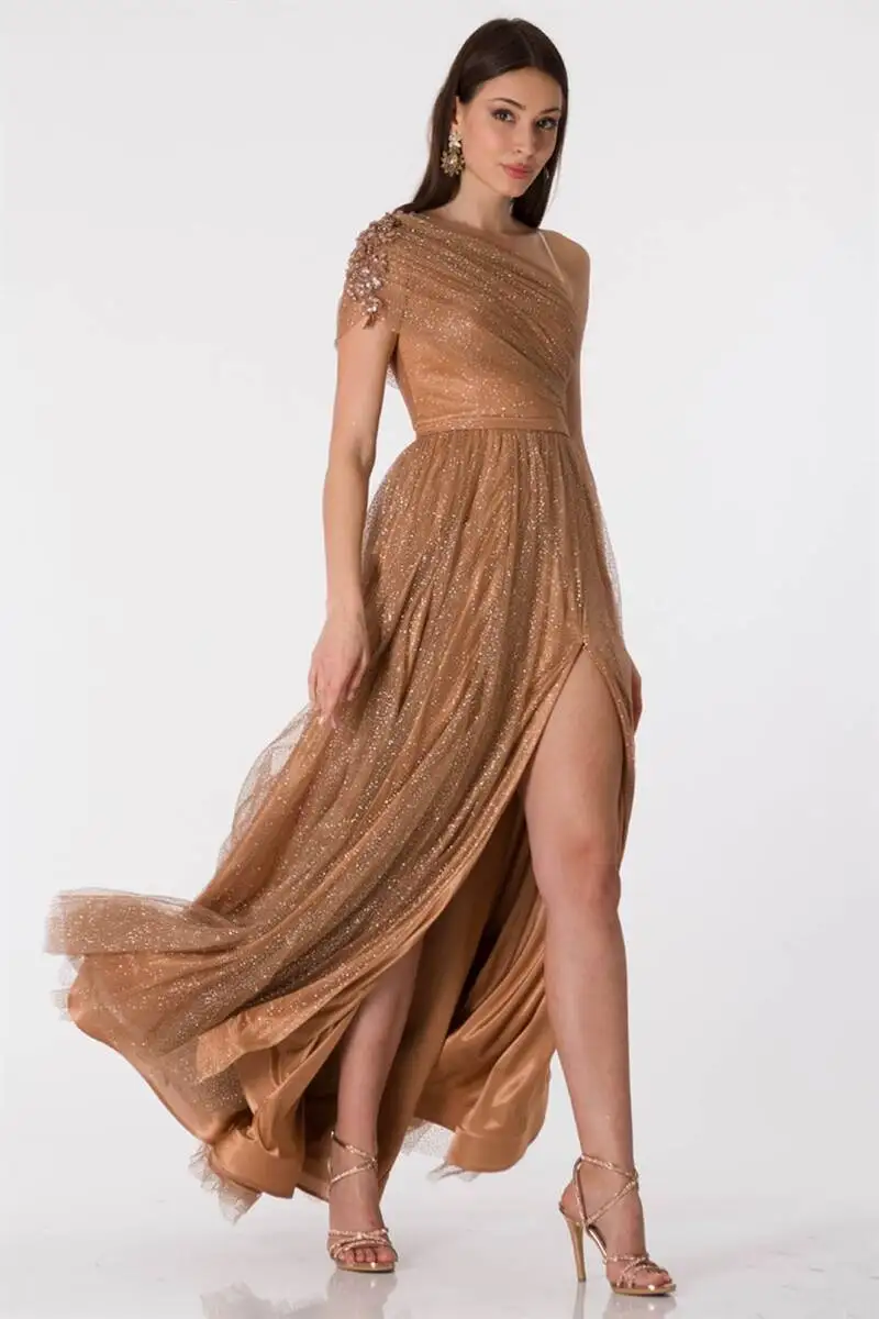 

Women's One Shoulder Tulle Evening Dress Brown