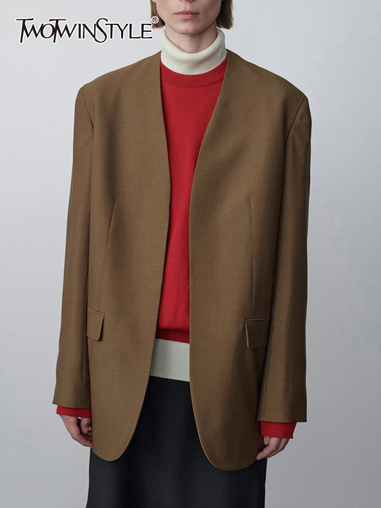 

Женский свободный Блейзер TWOTWINSTYLE, повседневный однотонный Блейзер составного кроя с V-образным вырезом и длинными рукавами, с карманами,