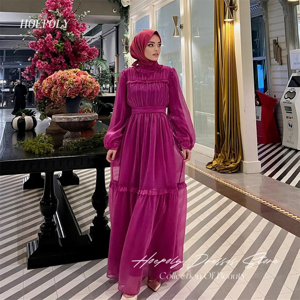 

Hoepoly Elegant High Neck Muslim Arabic Women Evening Dresses Long Sleeves Organza Tiered Modest Party Casual Dress New 2023