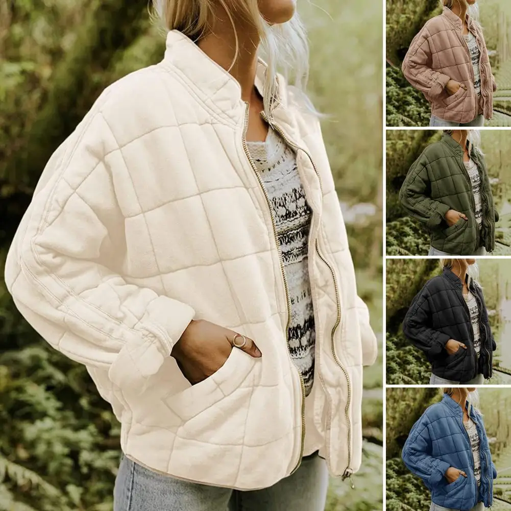 

Women Winter Coat Pockets Solid Color Thick Stand Collar Long Sleeves Keep Warm Soft Casual Cardigan Autumn Coat for Outdoor