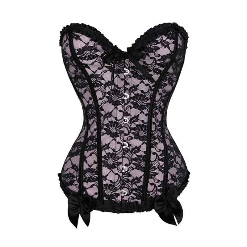 Floral Lace Overlay Color Sexy SatinCorsets And Bustier Gothic Lace up Boned Overbust Corset Abdomen Slimming Plus Size Bustier
