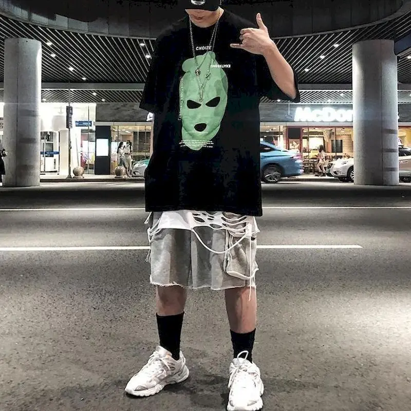 

Футболка мужская с принтом гангстера, свободная рубашка в стиле Хай-стрит, с сознательным портретом, в стиле хип-хоп, Скакалка с коротким рук...