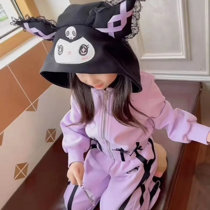 

Cartoon Sanrio Kuromi Two Piece Set Kids Coat Pants Autumn Clothes Kawaii Keep Warm Sports Toddler Clothing Suits Children Gifts