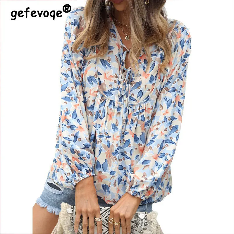 

2022 Spring Autumn Women Vintage Floral Print Shirts Ruffled Lace Up Blouse Casual V-Neck Long Sleeve Top Female Clothing Blusas