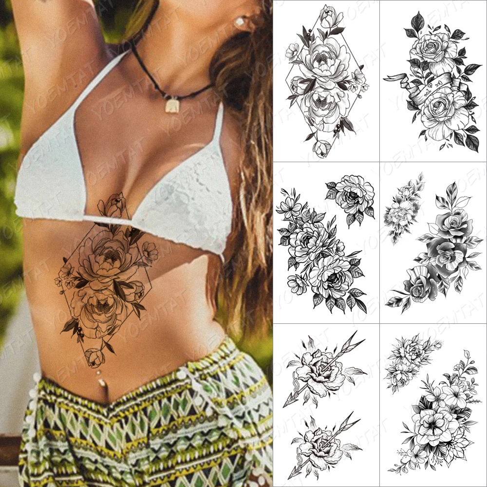 

Waterproof Temporary Tatoo Stickers Black Peony Rose Body Art Sexy Flowers Transfer Waist Fake Tattoos Flash Tatto For Men Women