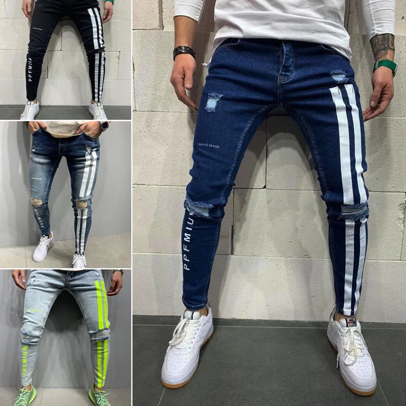 Casual Streetwear Black Slim Fit Jeans Men Autumn Masculina Letter Denim Pants Men Trendy Dance Club Skinny Jean Stripe toursers