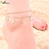 gold plated moon thunder pendant anklet for girl summer beach boho barefoot jewelry ankle multilayer bracelet women