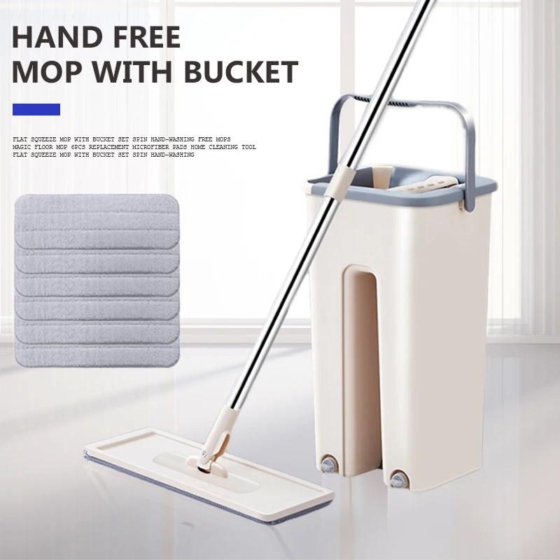 

Flat Squeeze Mop With Bucket Set Spin Hand-Washing Free Mops Magic Floor Mop 6Pcs Replacement Microfiber Pads Home Cleaning Tool