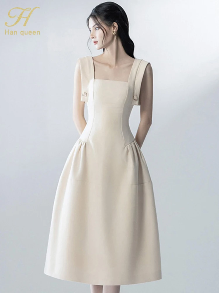 

H Han Queen 2023 New Retro Square Neck Sleeveless Summer Dresses Korean Vestidos Fashion A-Line Party Casual Office Dress Women