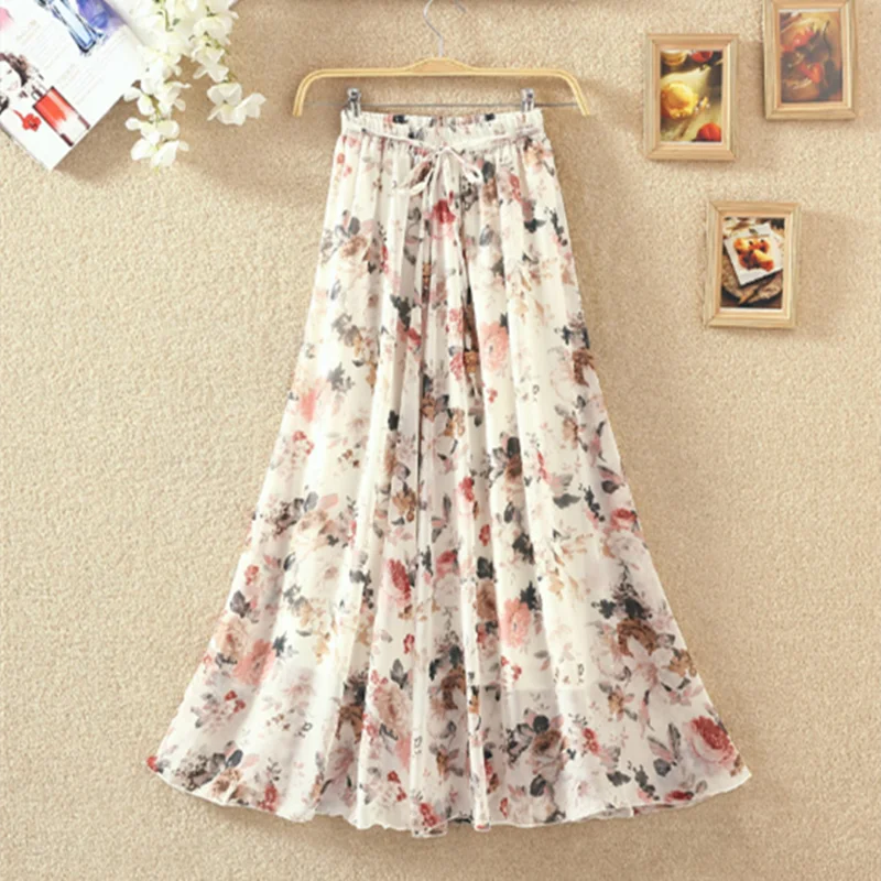 

Lady Printed Floral Chiffon Ruffles Ankle-Length Skirts Princess Ethnic Style Simple Dress Elasticated Waist High Street Green