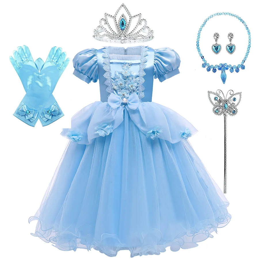

Summer Girls Cinderella Cosplay Costume Ball Gown Princess Kids Blue Clothes Dress Lace Mesh Birthday Party Clothes for Children