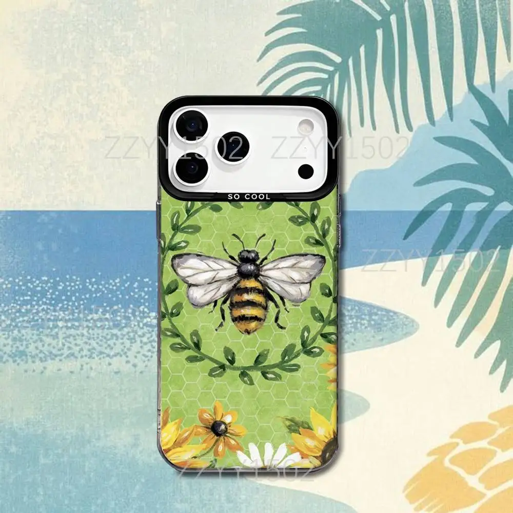 Фото Чехол для iPhone 17, 16, 15, 14, 13, 12, X, 8, Pro, Max, Plus, SE4, Air, Mini с матовым покрытием IMD, черный, с защитой от скольжения, с дизайном «Милые пчелы и мед» №5